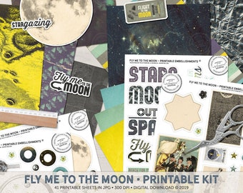 Astronomy Gift, Outer Space, Junk Journal, Printable Scrapbook Kit, To The Moon And Back, Celestial Star Chart, Digital Download