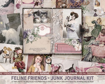 Feline Friends Vintage Cats Junk Journal Kit, Cute Printable Cat Ephemera Pack, Furry Cat Lover Gift, Pretty Kitties Collage Kit