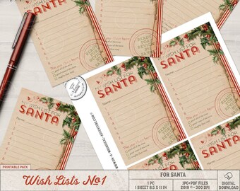 Printable Wish List For Santa, Christmas Gift, Naughty Or Nice, Vintage Holly, Instant Download
