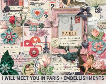 Paris Themed, Wedding Memories Book, Shabby Chic Clip Art, Vintage Style, Eiffel Tower, Paris Illustrations, Instant Download, Scrapbooking