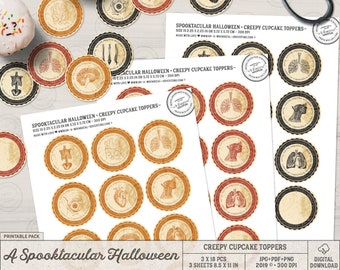 Spooky Halloween Party Decor, Anatomical, Cabinet Of Curiosities, Digital Collage Sheet, Gothic Style, Printable Creepy Cupcake Toppers