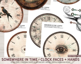 Clock Faces Kit, Steampunk Clock Faces, Printable DIY Clocks, Dark Academia, Junk Journal Sheets, Vintage Ephemera,Digital Collage Scrapbook