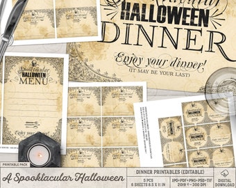 Halloween Menu Cards, Halloween Printable, Halloween Placemats Dinner Menu Cards, Dinner Party Cards, Gothic Placemats,Halloween Party Decor