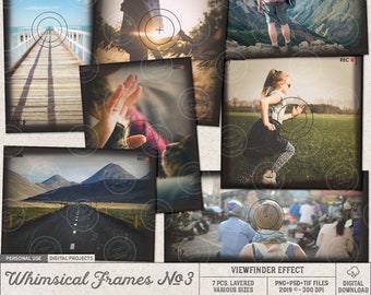 May include: A set of seven vintage-style camera viewfinder frames with a whimsical theme. The frames are layered and come in various sizes. The frames are perfect for adding a retro touch to your digital projects.