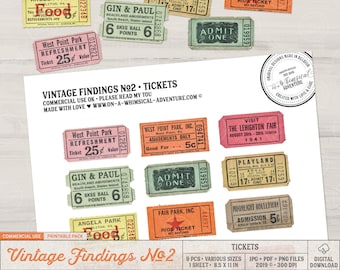 Printable Vintage Tickets, Instant Download, Commercial Use OK, Worn and Old Carnival Tickets, Admit One, Scrapbook, Digital Collage Sheet