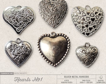 Romantic Silver Heart Pendants, Digital Scrapbooking Elements, Commercial Use OK, Valentine's Day, Wedding, Silver Charms, Trinkets, Jewelry