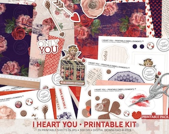 May include: A collection of printable embellishments with a Valentine's Day theme. The kit includes sheets with floral designs, hearts, arrows, and cherubs. Text includes "I Heart You" and "Only You". The color palette features red, pink, and purple.