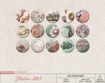 Flairs, Sea Life, Vintage Sea Creatures, Digital Flair Buttons, Digital Scrapbooking Embellishments, Instant Download, Seahorse, Coral, Fish