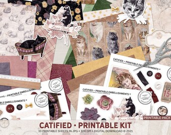 Gatos de papel para imprimir, enfeites vintage de gatos, materiais para diário de arte, pacote de enfeites de gatos, kit para diário com tema de gatos, scrapbooking faça você mesmo, colagem de gatos