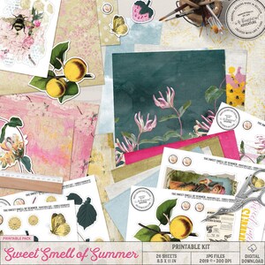 Sommer Junk Journal, druckbare Collage Sheets, Papiermodelle, botanisches Papier, rosa und gelb, von der Natur inspiriert, Vintage