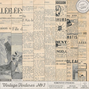 Pacote de itens vintage franceses, papel digital grunge, jornal antigo, uso comercial OK, download instantâneo, texturas desgastadas, álbum de recortes digital