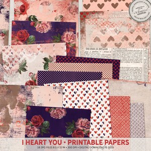 Valentinstag, digitales Papier, Floral druckbare Papiere, Letter Size, Junk Journal, Sofort-Download, Inspiration Board Paper, Bastelprojekt