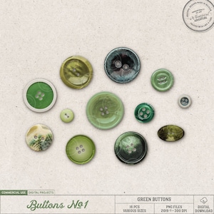 Botões verdes, elementos de scrapbooking digital, uso comercial OK, download digital, enfeites, mix de botões de primavera, verde oliva, esmeralda