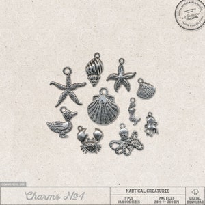 Encantos de vida marinha, oceânicos, kits temáticos de praia, uso comercial OK, download instantâneo, elementos de scrapbooking digital, encantos náuticos, estrelas do mar
