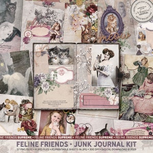 Kit de journal vintage félins, chats éphémères imprimables mignons, cadeau pour amoureux des chats à fourrure, kit de collage jolis chatons