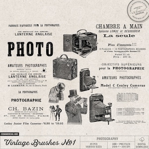 Clip Art de Fotografia Vintage, Pincéis de Photoshop, Uso Comercial OK, Download Instantâneo, Anúncios de Jornal Vintage, Câmera Vintage, Steampunk