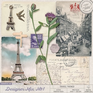 Mix de viagem, ao ar livre, enfeites de scrapbooking digital, uso comercial OK, download instantâneo, flores silvestres, torre Eiffel, cartões postais vintage