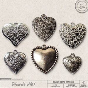Pingentes de coração de prata românticos, elementos de scrapbooking digital, uso comercial OK, dia dos namorados, casamento, pingentes de prata, bugigangas, joias