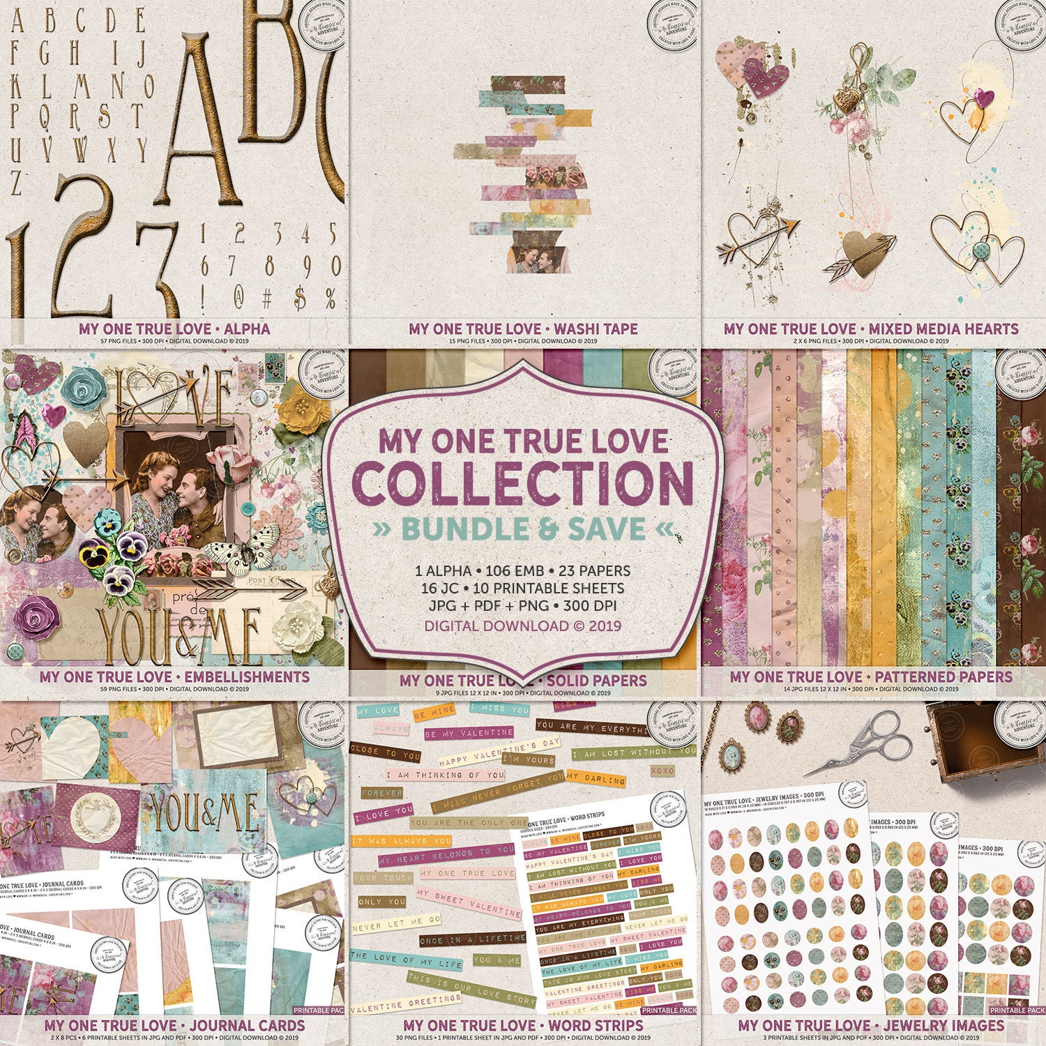 Karamfila's Vintage Wedding Scrapbook Paper Kit, Wedding Digital