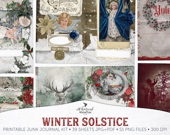 Druckbares Julfest Grimoire Junk Journal Kit, Wintersonnenwende Ephemera Pack, Rad des Jahres Wicca Buch der Schatten