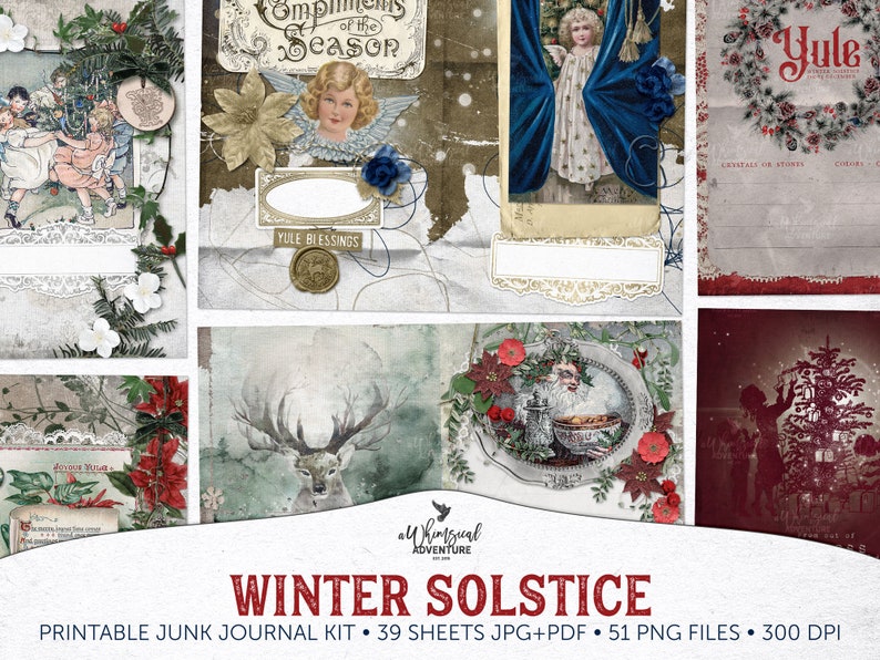 Printable Yule Grimoire Junk Journal Kit, Winter Solstice Digital Download Ephemera Pack, Wheel Of The Year Wicca Book Of Shadows image 1