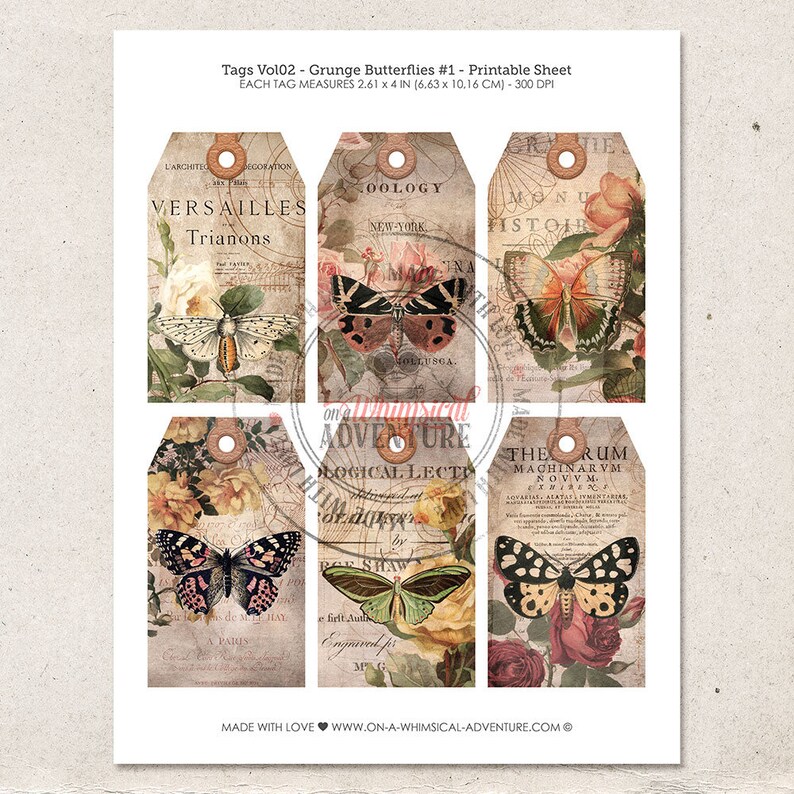 Gift Tags, Bohemian Style, Women Butterfly Gift, Digital Collage Sheet, Instant Download, Printable Hang Tags with Leather Reinforcement image 4