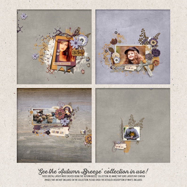 May include: Four digital scrapbook layouts with a fall theme. The layouts feature images of a woman, a girl, and a person holding a bunch of leaves. The layouts also include various decorative elements, such as flowers, leaves, and ribbons. The text "Hello Autumn" and "Autumn Says" is included in the layouts.