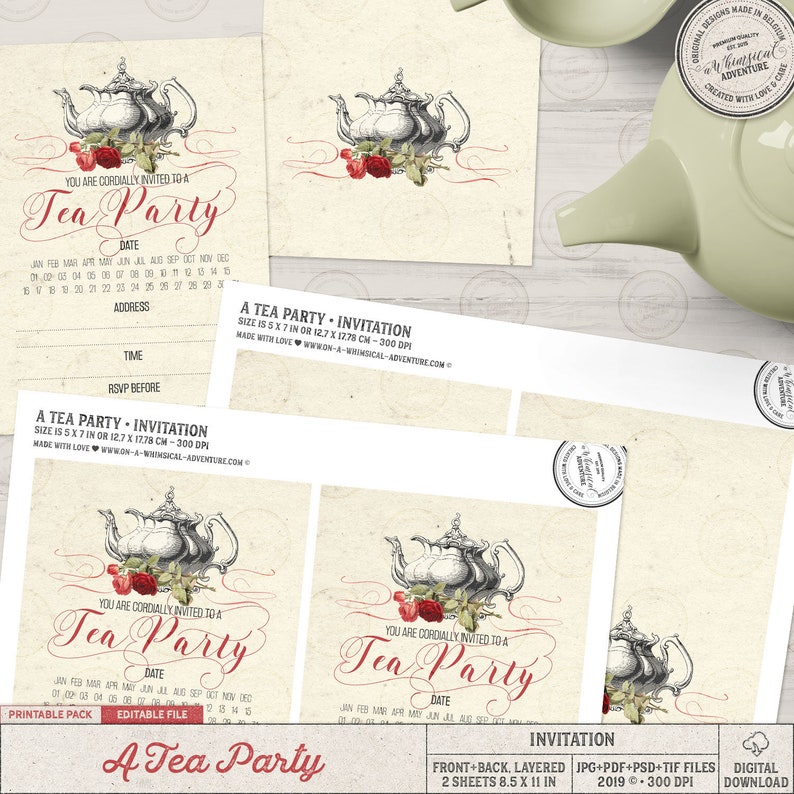 Tea Party Invitation Template, Bridal Shower, Baby Shower, Birthday Party, High Tea, Editable Photoshop File, Printable, Instant Download image 10