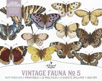 Printable Antique Butterflies PNG Files For Commercial Use, Digital Download Fussy Cut Junk Journal Ephemera Pack