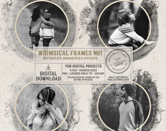 Layered Frame Templates, Round Digital Frames, Instant Download, Paint, Butterflies, Ornate Details and Stitches, Photo Book Clipping Masks