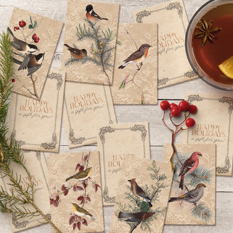 Printable Gift Envelopes, Christmas Gift Wrap, Vintage Birds, Lace Background, Instant Download image 2