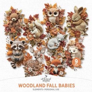 Cute Fall Woodland Baby Animals Clipart PNG Arquivos, Download Digital Autumn Forest Felt Stuffed Toys Para Scrapbooking E Junk Journal