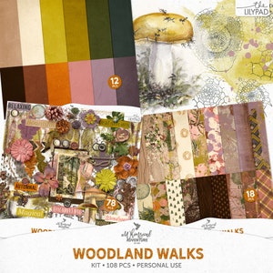 Kit de scrapbooking Woodland, téléchargement numérique, forêt enchantée, feuilles d'automne, impression botanique vintage