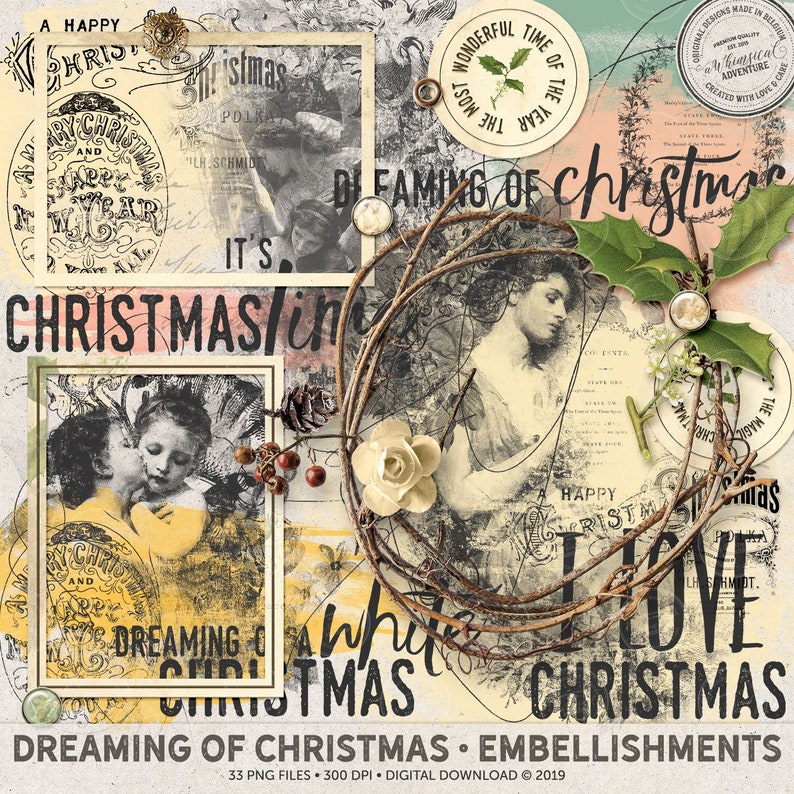 Digital Christmas Ephemera, Christmas Scrapbook, Christmas Vintage Ephemera, Embellishments, Shabby Christmas Materials, DIY Christmas image 1