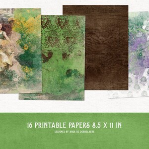 K&ouml;nnte beinhalten: Satz von 16 druckbaren digitalen Papieren in verschiedenen Stilen, darunter ein gr&uuml;ner Aquarellhintergrund mit einem Paar, ein gr&uuml;nes und braunes Muster, eine Holzmaserung und ein wei&szlig;er Hintergrund mit einem lila und gr&uuml;nen Blumenmuster. Die Papiere sind 8,5 x 11 Zoll gro&szlig;.