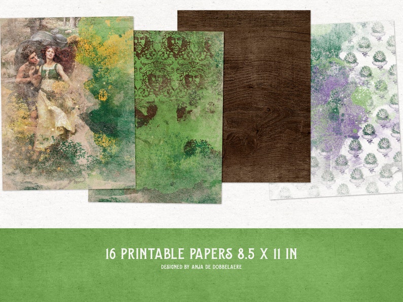 K&ouml;nnte beinhalten: Satz von 16 druckbaren digitalen Papieren in verschiedenen Stilen, darunter ein gr&uuml;ner Aquarellhintergrund mit einem Paar, ein gr&uuml;nes und braunes Muster, eine Holzmaserung und ein wei&szlig;er Hintergrund mit einem lila und gr&uuml;nen Blumenmuster. Die Papiere sind 8,5 x 11 Zoll gro&szlig;.