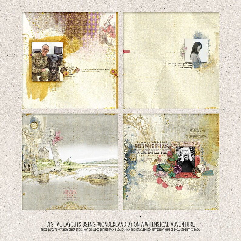 May include: Four digital scrapbook layouts with a whimsical theme. The layouts feature images of a woman and a dog, a woman with long hair, a landscape with a river and a bridge, and a woman with a surprised expression. The layouts include text, decorative elements, and a variety of colors.