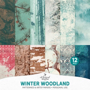 K&ouml;nnte beinhalten: Ein Set mit 12 digitalen Papieren mit Winterwald-Mustern. Die Papiere umfassen eine Vielzahl von Texturen und Farben, wie Holz, Fell und Schnee. Die Papiere sind perfekt f&uuml;r Scrapbooking, Kartenherstellung und andere Bastelprojekte.
