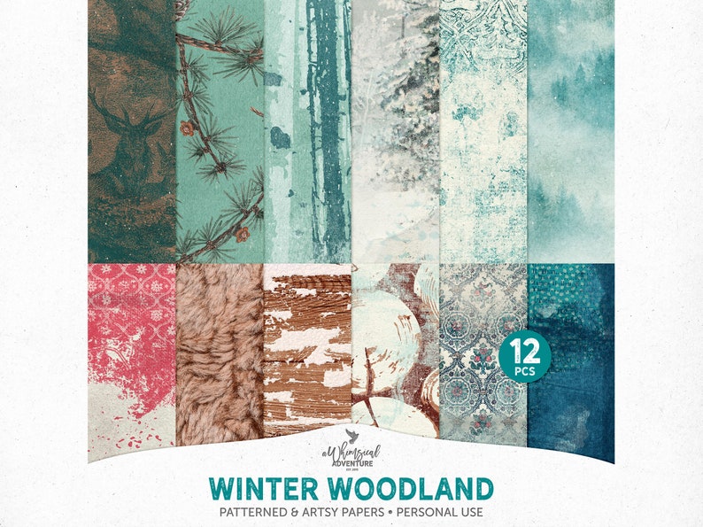 K&ouml;nnte beinhalten: Ein Set mit 12 digitalen Papieren mit Winterwald-Mustern. Die Papiere umfassen eine Vielzahl von Texturen und Farben, wie Holz, Fell und Schnee. Die Papiere sind perfekt f&uuml;r Scrapbooking, Kartenherstellung und andere Bastelprojekte.