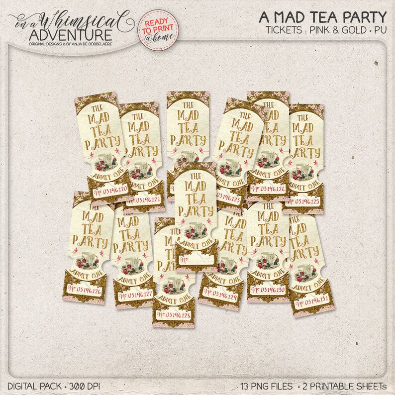 Mad Tea Party Ticket Invitation, Wonderland Printable Entry Tickets, Instant Download, Digital Collage Sheet, Gold and Pink Raffle Tickets image 1