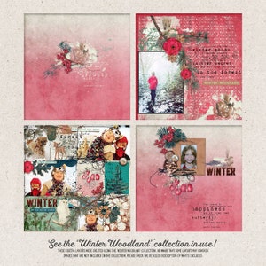 K&ouml;nnte beinhalten: Vier digitale Scrapbooking-Layouts mit einem Winterwald-Thema. Die Layouts zeigen Bilder von Kindern, Schnee und Waldtieren. Der Text auf den Layouts beinhaltet "frosty mist", "winter woods", "forest soul", "happiness" und "butterfly".