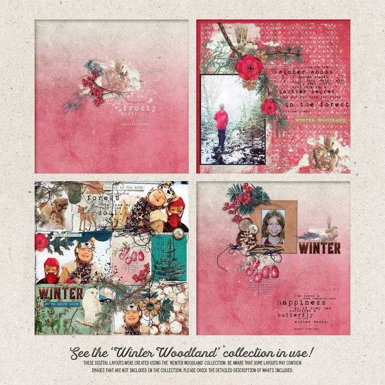 K&ouml;nnte beinhalten: Vier digitale Scrapbooking-Layouts mit einem Winterwald-Thema. Die Layouts zeigen Bilder von Kindern, Schnee und Waldtieren. Der Text auf den Layouts beinhaltet "frosty mist", "winter woods", "forest soul", "happiness" und "butterfly".