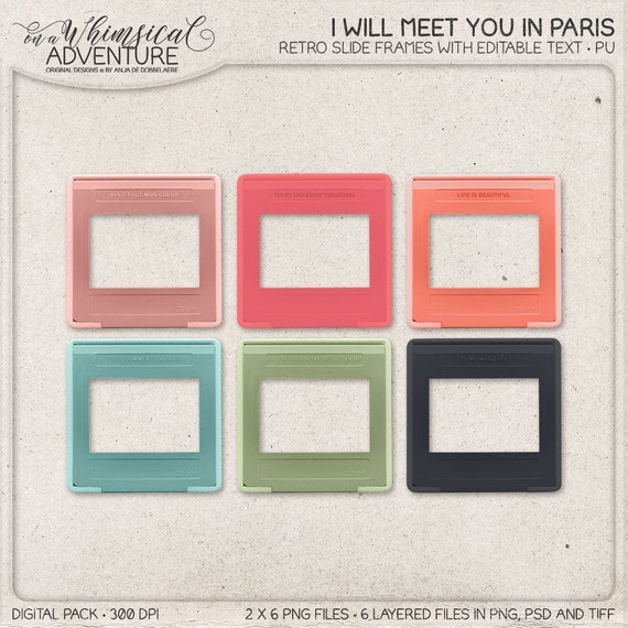 Picture Frame Set Retro Slide Frames Photo Slides Paris Themed English Sayings French Phrases Instant Layered Templates