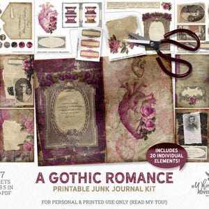 May include: A printable junk journal kit titled A GOTHIC ROMANCE featuring 27 sheets measuring 11 by 8.5 inches. The kit includes 20 individual elements such as anatomical heart illustrations, vintage portraits, floral motifs, and dark purple accents.
