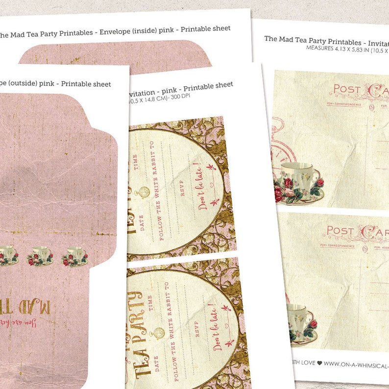 Alice In Wonderland tea party invitation, party printables, printable collage sheet, tea party, vintage mad tea party digital download image 2