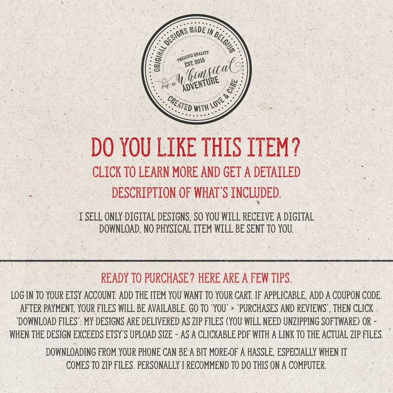 May include: A digital download information page with the text "Do you like this item?" and "Click to learn more and get a detailed description of what's included." The page also includes instructions on how to download digital files from Etsy.