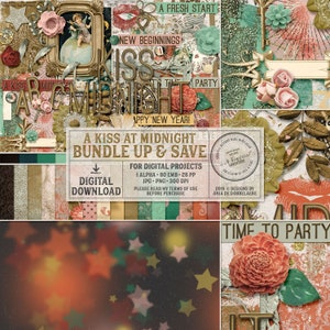 Pacote de desconto, véspera de ano novo, scrapbooking digital, papel festivo, sobreposições de bokeh leves, brilhos dourados