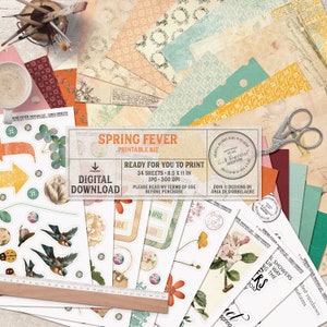 Giardino primaverile, fogli di collage, diario di scarto, adesivi stampabili, lavori di carta, carta botanica, scrapbooking, scaricabili, ispirati alla natura