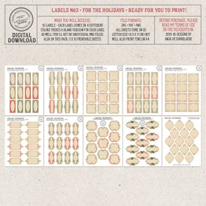 May include: Printable holiday gift tags with a vintage design. The tags are in four different colors: green, red, beige, and brown. The tags feature a variety of ornate frames and borders. The text on the tags reads "Labels N№3. For the Holidays. Ready for you to print!"