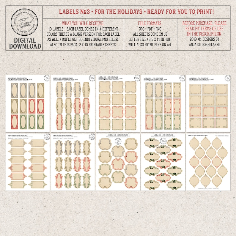 May include: Printable holiday gift tags with a vintage design. The tags are in four different colors: green, red, beige, and brown. The tags feature a variety of ornate frames and borders. The text on the tags reads "Labels N№3. For the Holidays. Ready for you to print!"